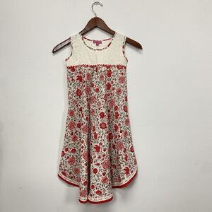 Biba Girls Red Floral Sleeveless Eyelet Dress India 4-5 Y 100% Cotton Midi